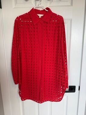 Adiva Red Eyelet Button-Up Blouse